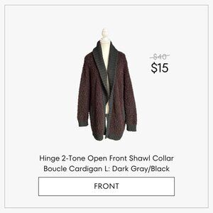 Hinge Two-Tone Open Front Shawl Collar Boucle Cardigan L: Dark Gray/Black